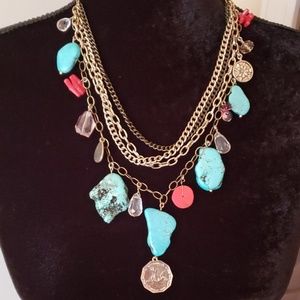 Turquoise red coral gold chain necklace
